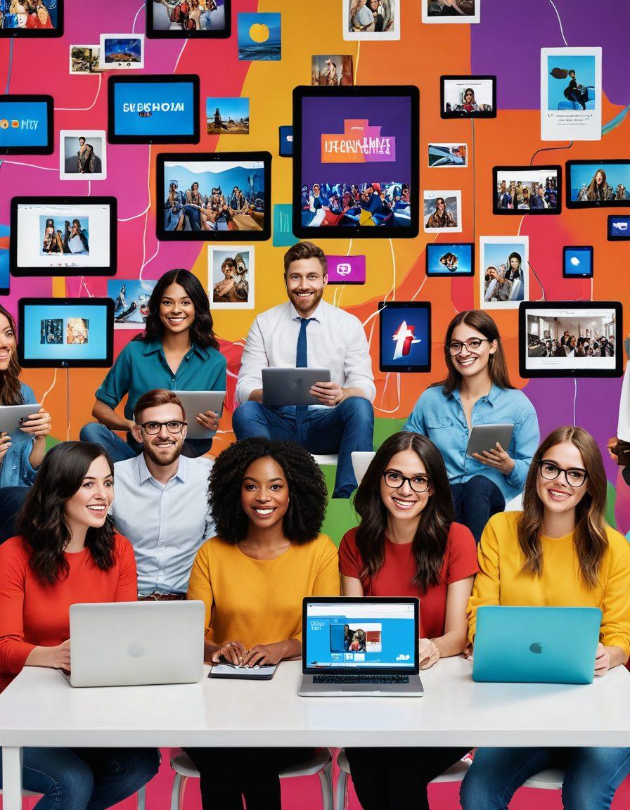A vibrant scene depicting a diverse group of bloggers surrounded by floating digital screens showcasing various engaging content like articles, podcasts, and videos. They are animatedly interacting with their audience via laptops and tablets, illuminating their passion and creativity. Background with a playful, colorful design symbolizing connectivity, inspiration, and engagement. super-realistic. vibrant colors. 3D.