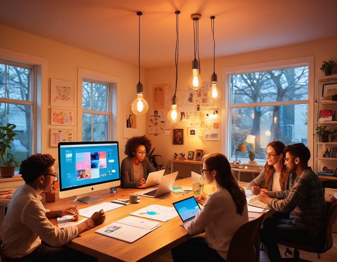 A dynamic workspace scene featuring a diverse group of creators collaborating on a project, with visual representations of viral content ideas, like social media icons and charts sprouting from a central idea light bulb. Include bright colors to evoke creativity and excitement, with digital devices and sketches scattered around, symbolizing inspiration. vibrant colors. super-realistic.