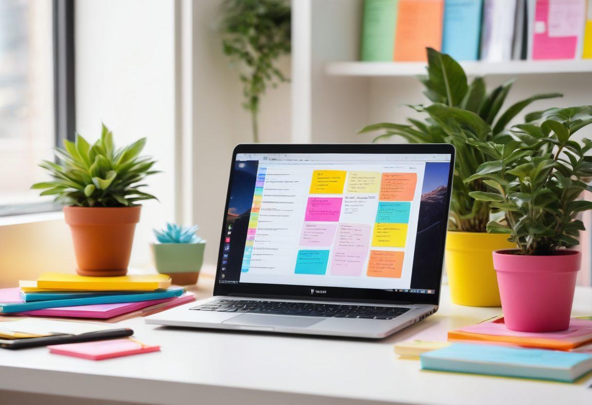 A vibrant workspace filled with colorful notebooks, an open laptop with a glowing screen displaying a blog post, and an inspirational quote on a whiteboard in the background. A cup of coffee sits next to the laptop, surrounded by post-it notes and a potted plant, symbolizing creativity and productivity. The atmosphere is bright and engaging. super-realistic. vibrant colors. white background.